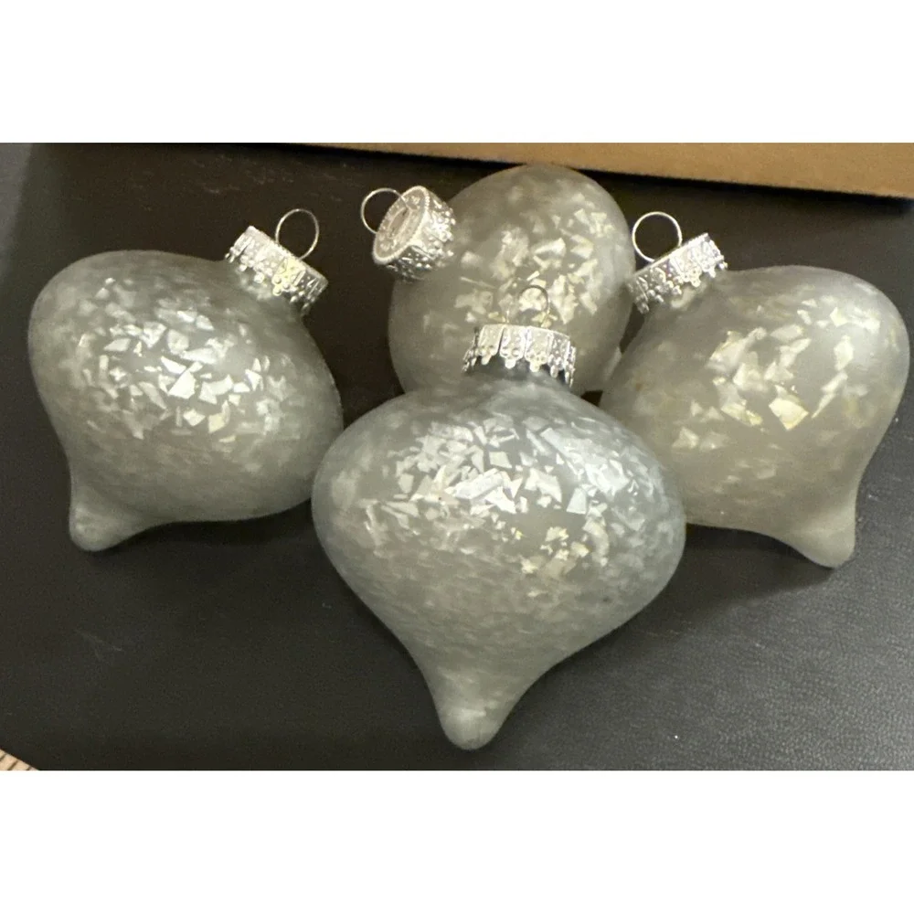 Christmas Holiday Silver Speckled Glass Teardrop Tree Ornaments Set‎ Of 4